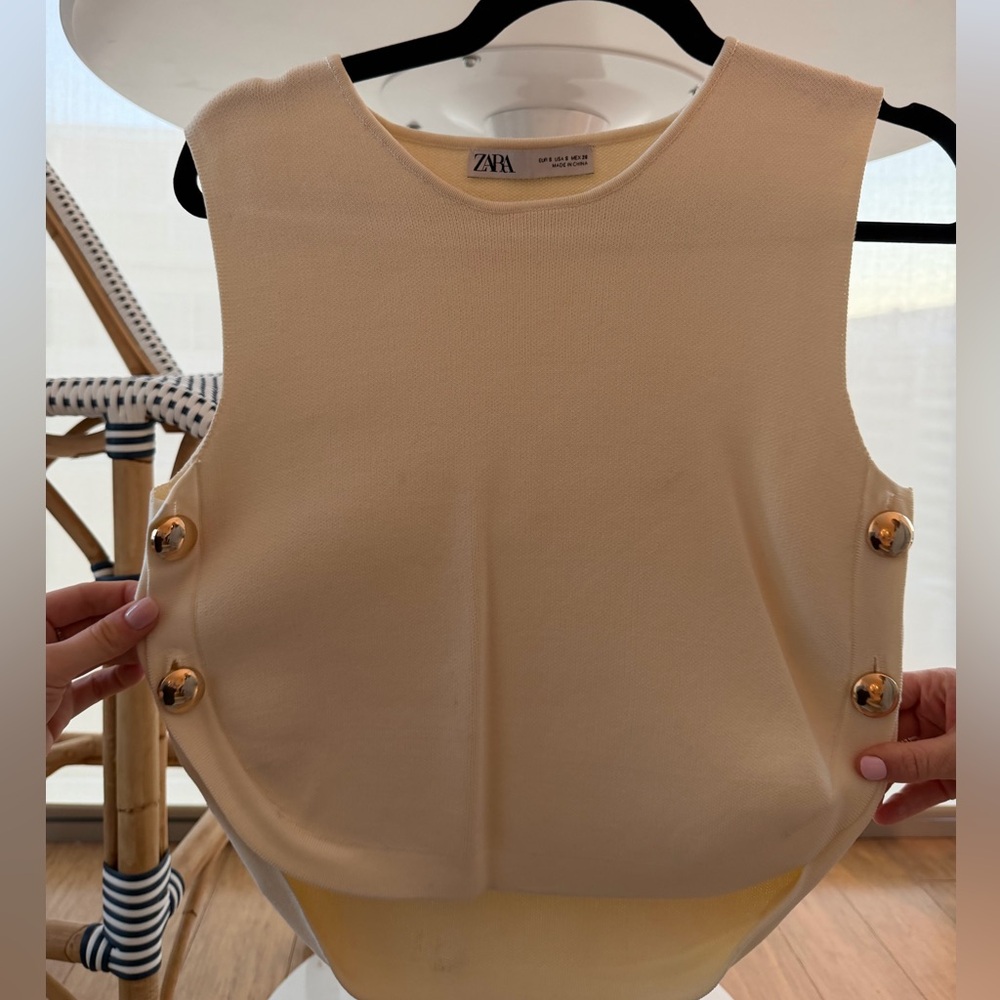 Zara Beige Sleeveless Top with Gold Side Buttons